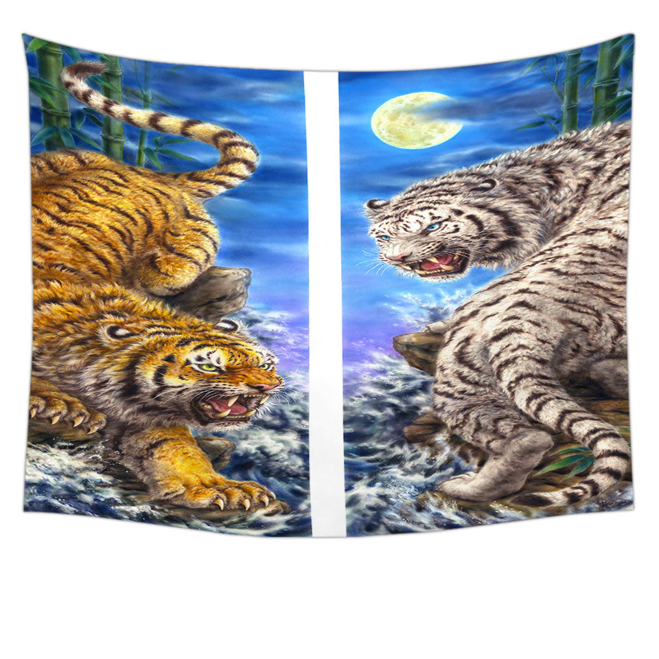Cool Wall Decor Yin and Yang Orange Tiger vs White Tiger Tapestry