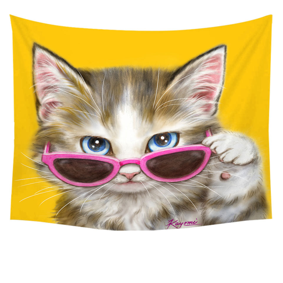 Cool Wall Decor for Girls Cat Art Girly Kitten Wearing Pink Sunglass