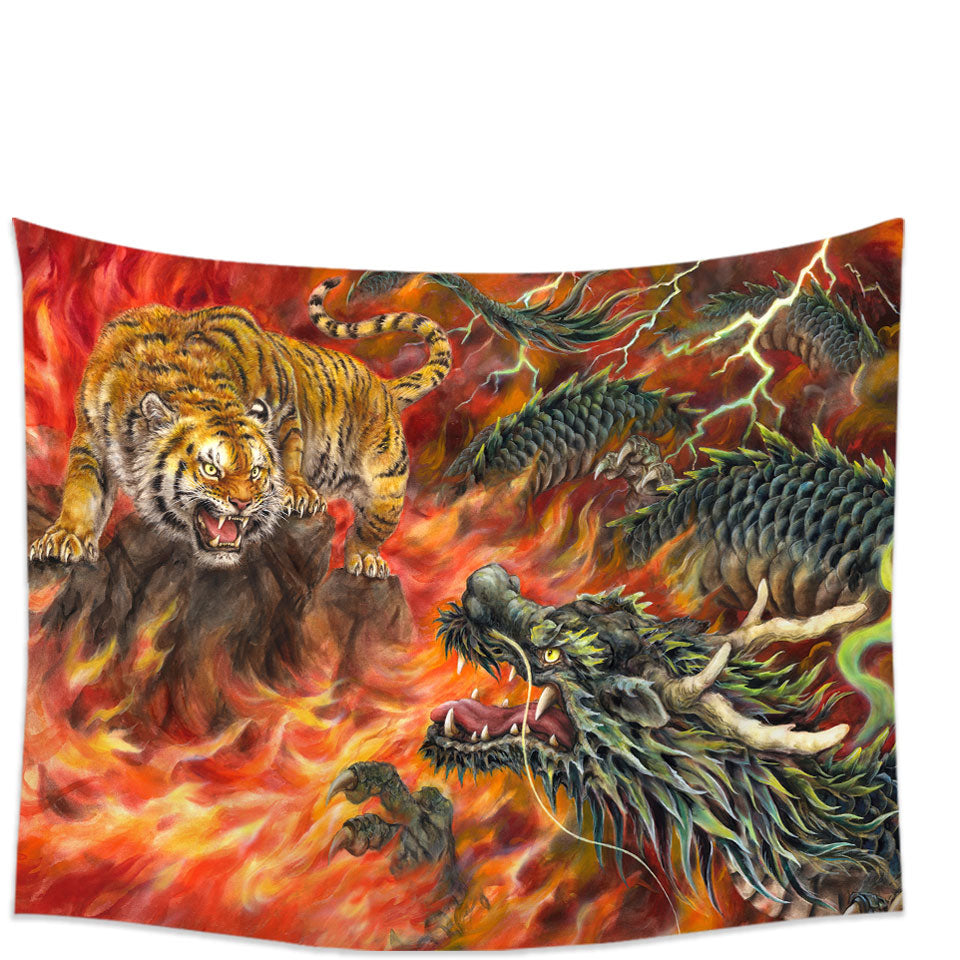 Cool Wall Decor for Men Fantasy Art Dragon vs Tiger in Fire Tapestry