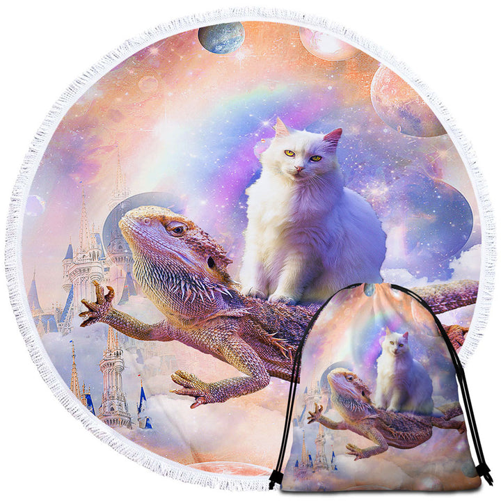 Cool White Cat Riding a Dragon Lizard in Space Beach Towels Near Me