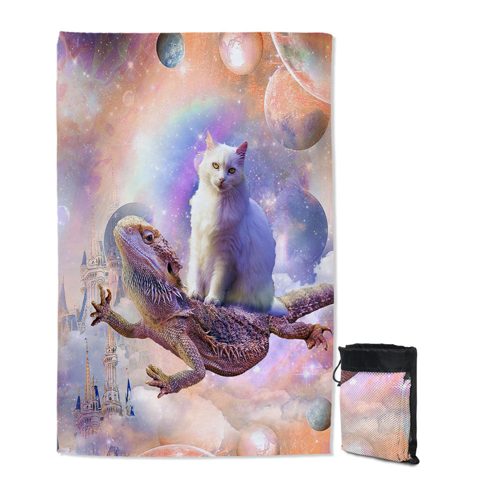 Cool White Cat Riding a Dragon Lizard in Space Beach Towels