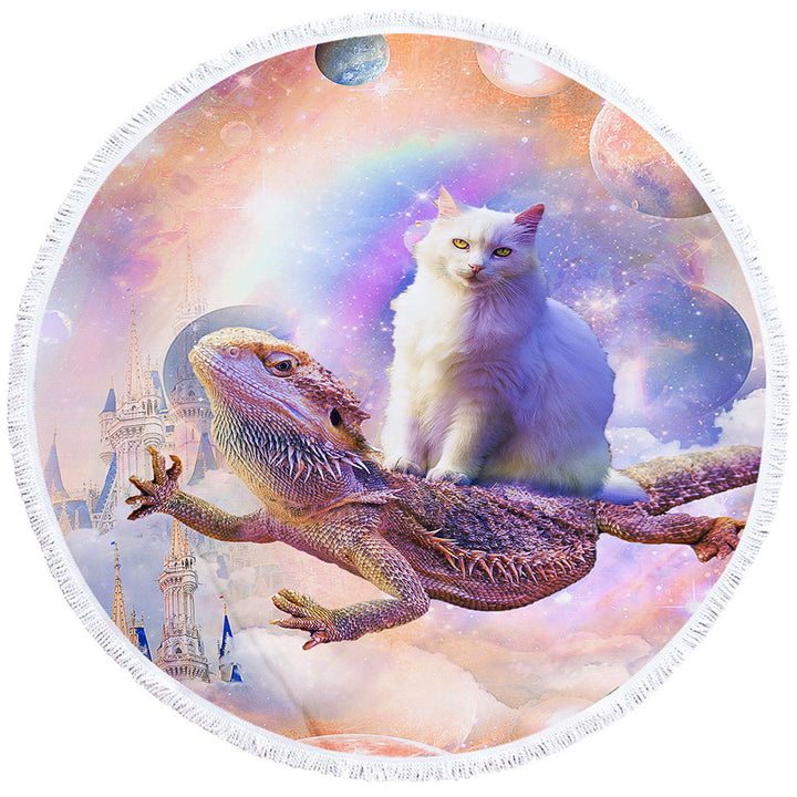 Cool White Cat Riding a Dragon Lizard in Space Boys Beach Towels