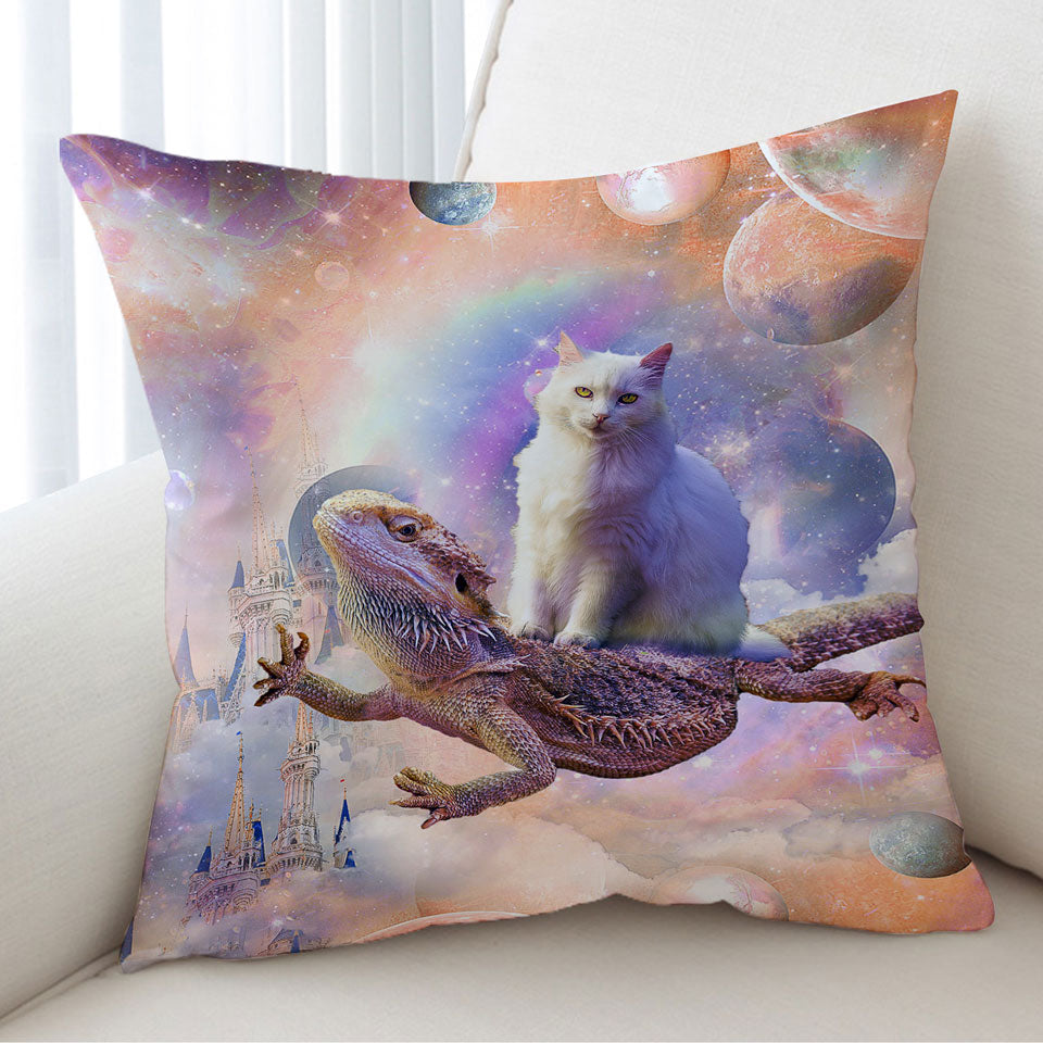 Cool White Cat Riding a Dragon Lizard in Space Cushion