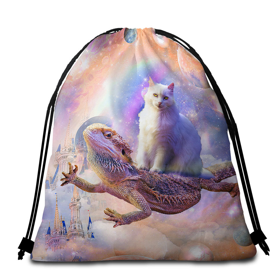 Cool White Cat Riding a Dragon Lizard in Space Packable Beach Towel