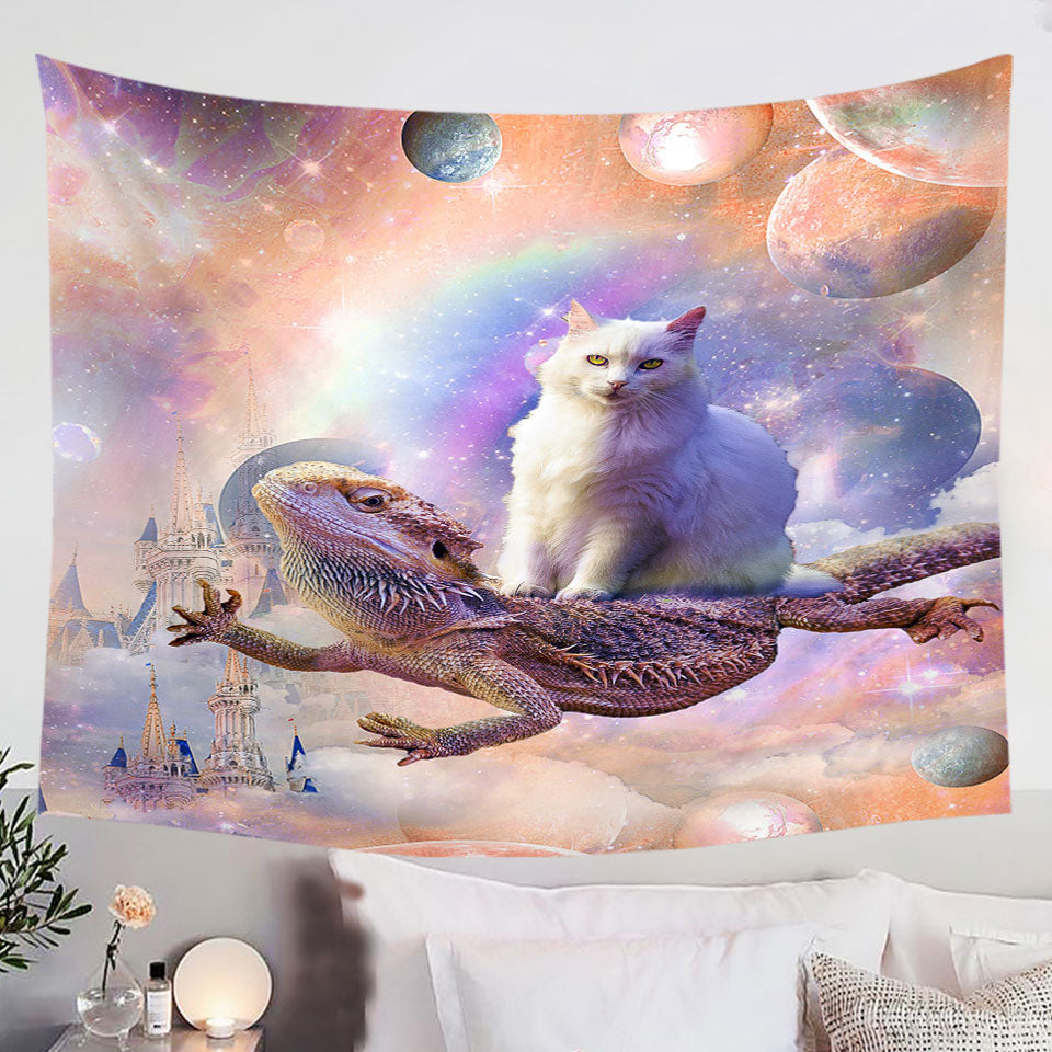 Cool-White-Cat-Riding-a-Dragon-Lizard-in-Space-Tapestry-Wall-Decor-Prints