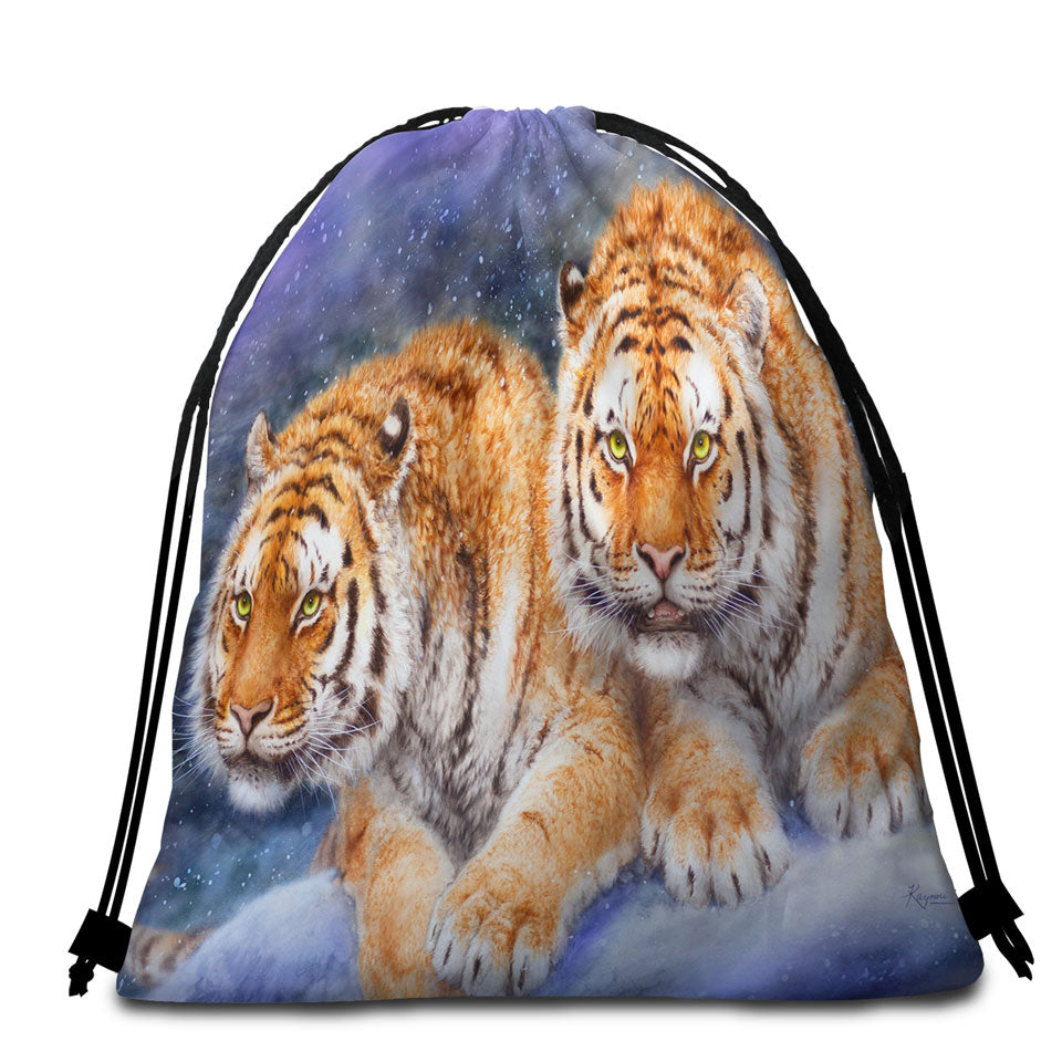 Cool Wildlife Animal Art Beach Towel Bags Tigers in Snow Storm