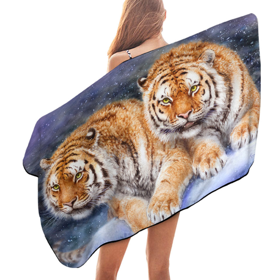 Cool Wildlife Animal Art Beach Towels with Tigers in Snow Storm