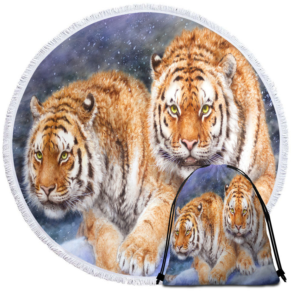 Cool Wildlife Animal Art Circle Beach Towel with Tigers in Snow Storm
