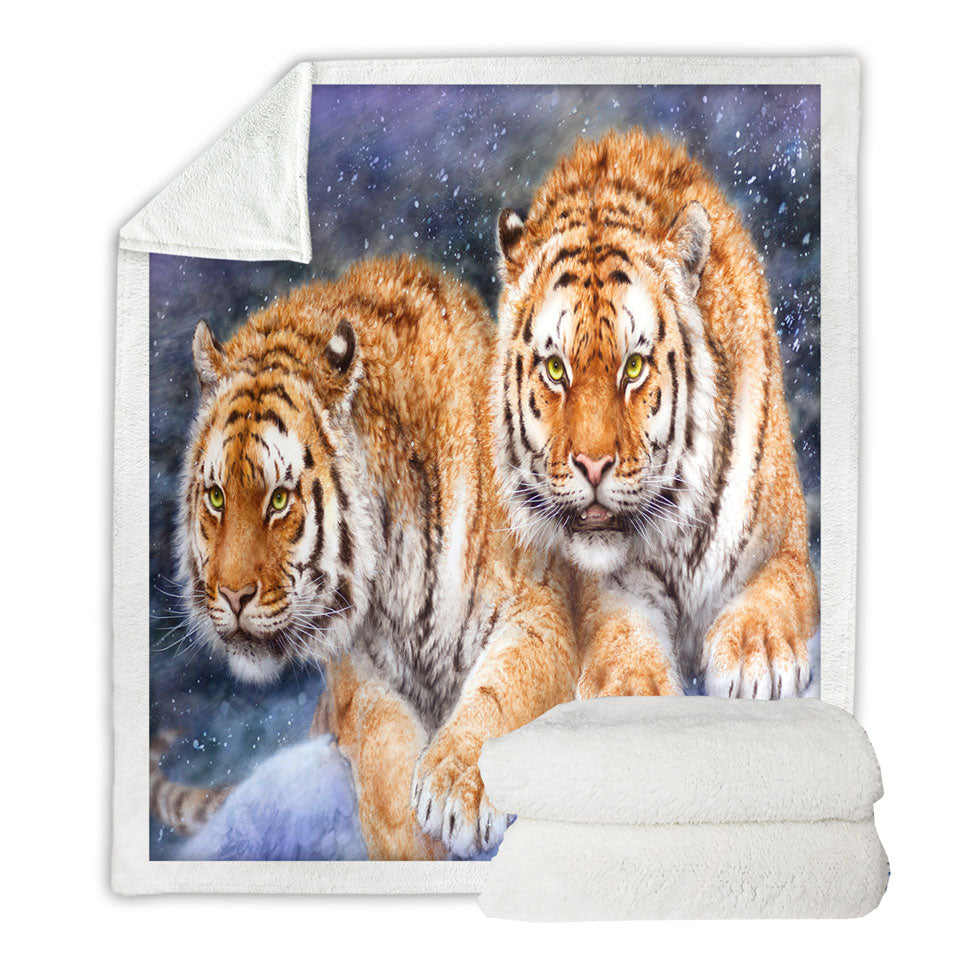 Cool Wildlife Animal Art Fleece Blankets with Tigers in Snow Storm