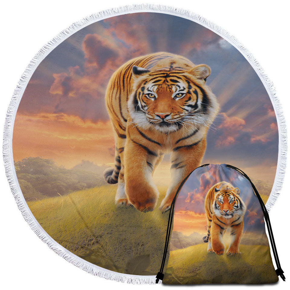 Cool Wildlife Animal Art Rising Sun Tiger Circle Beach Towel