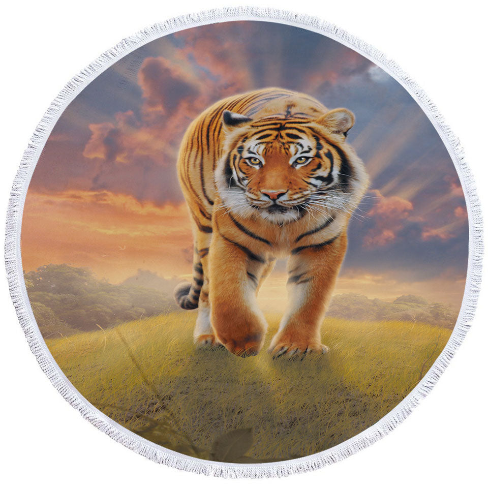 Cool Wildlife Animal Art Rising Sun Tiger Round Beach Towel