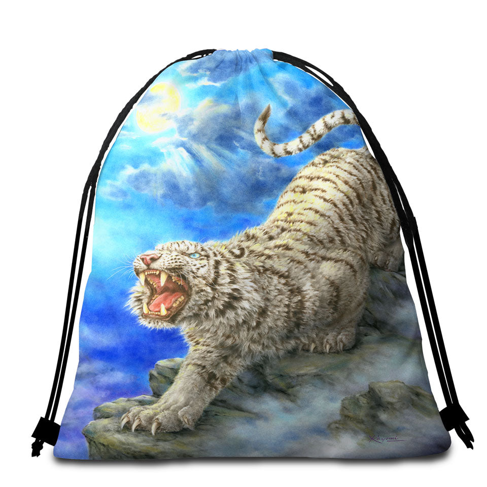 Cool Wildlife Animal Art Roaring White Tiger Beach Bags and Towels