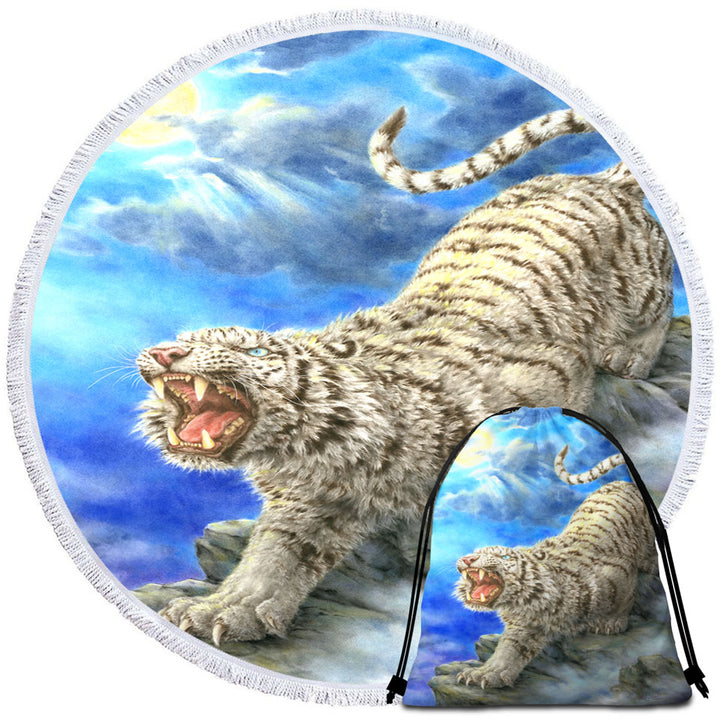 Cool Wildlife Animal Art Roaring White Tiger Beach Towels
