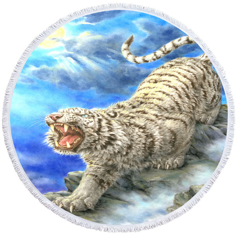 Cool Wildlife Animal Art Roaring White Tiger Circle Beach Towel