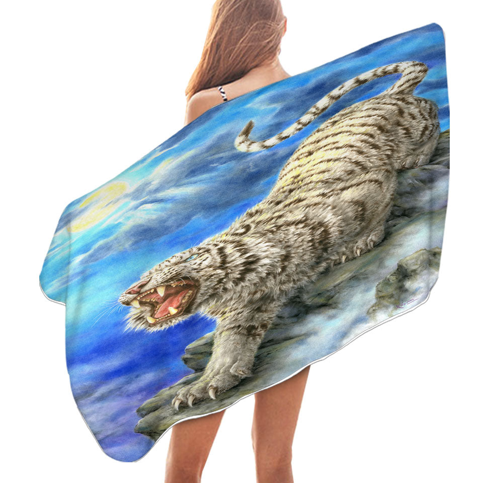 Cool Wildlife Animal Art Roaring White Tiger Microfiber Beach Towel