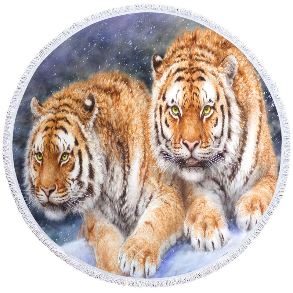 Cool Wildlife Animal Art Round Beach Towel with Tigers in Snow Storm