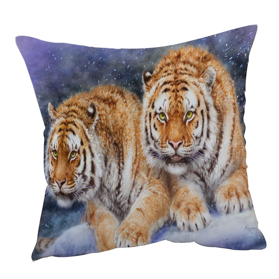 Cool Wildlife Animal Art Throw Pillows with Tigers in Snow Storm