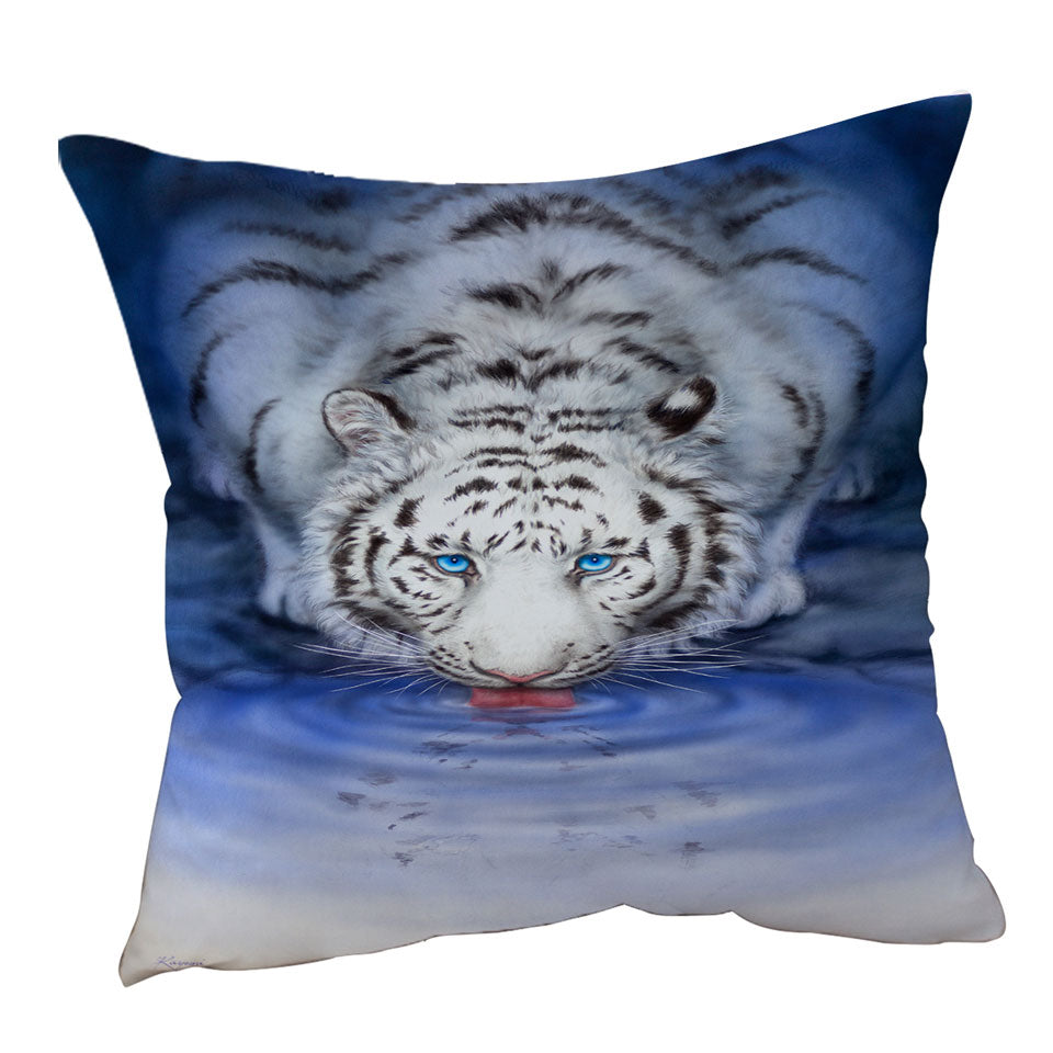 Cool Wildlife Animal Art White Tiger Oasis Throw Pillow and Cushion