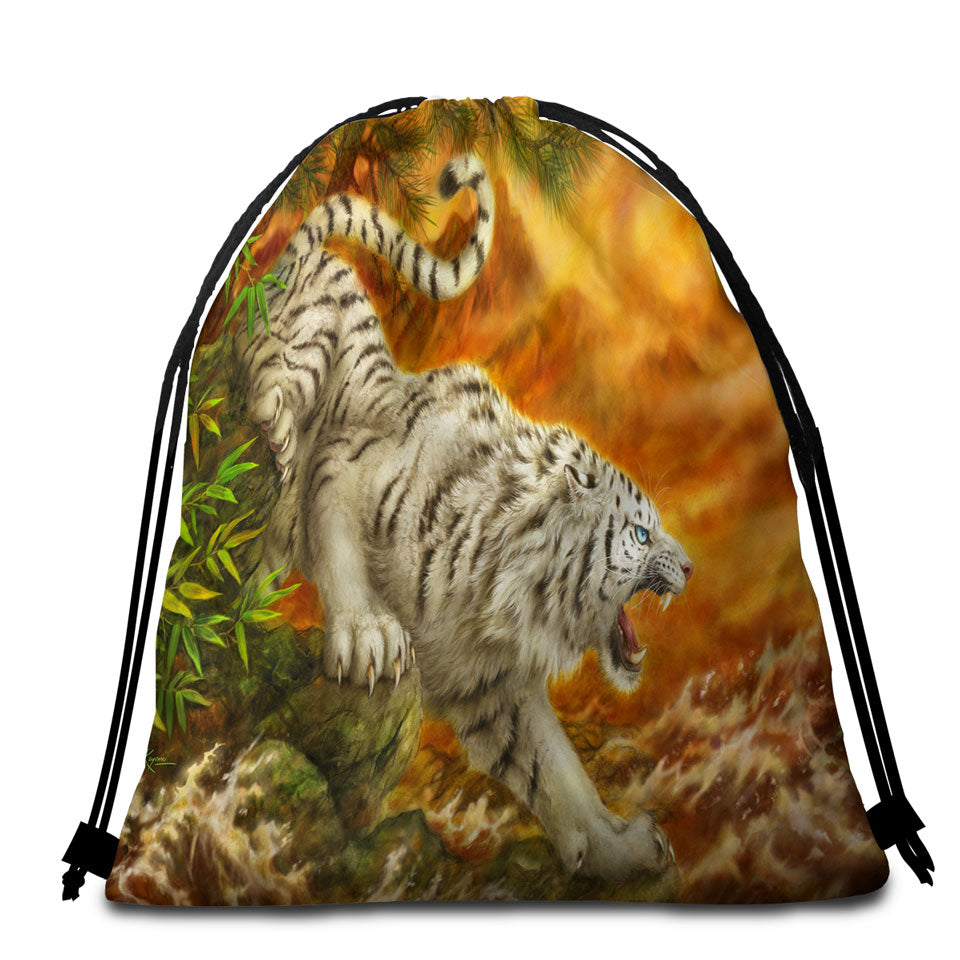 Cool Wildlife Drawing Ocean White Tiger Beach Towel Bags for Men