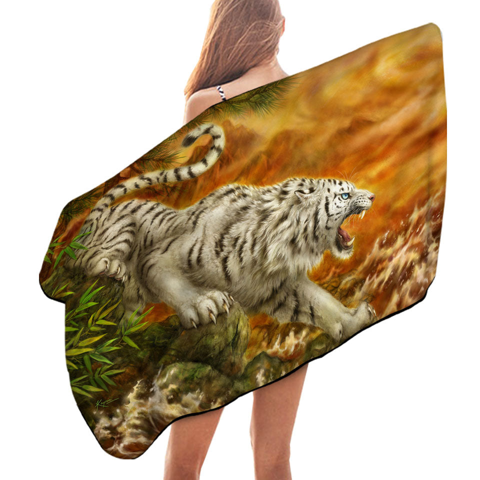 Cool Wildlife Drawing Ocean White Tiger Beach Towels for Men
