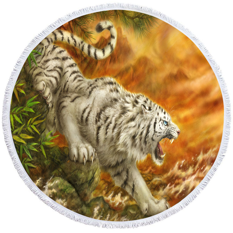Cool Wildlife Drawing Ocean White Tiger Round Beach Towel for Men