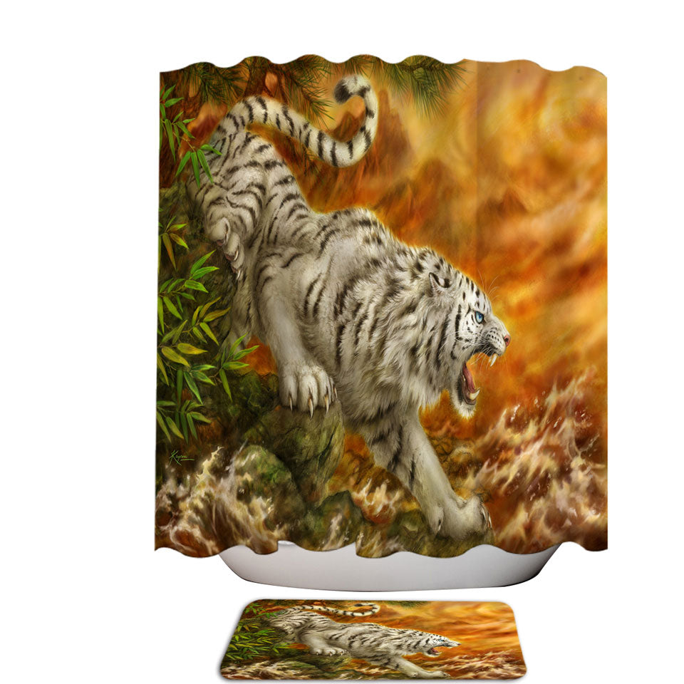 Cool Wildlife Drawing Ocean White Tiger Shower Curtains for Mens Bathroom