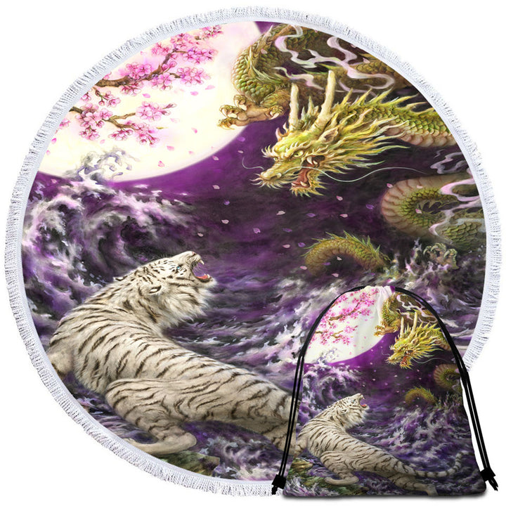 Cool Women Beach Towels Painting Moonlight Battle Tiger vs Dragon