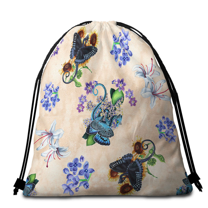 Cool Womens Beach Towel Bags White Purple Flowers and Butterflies Dragons