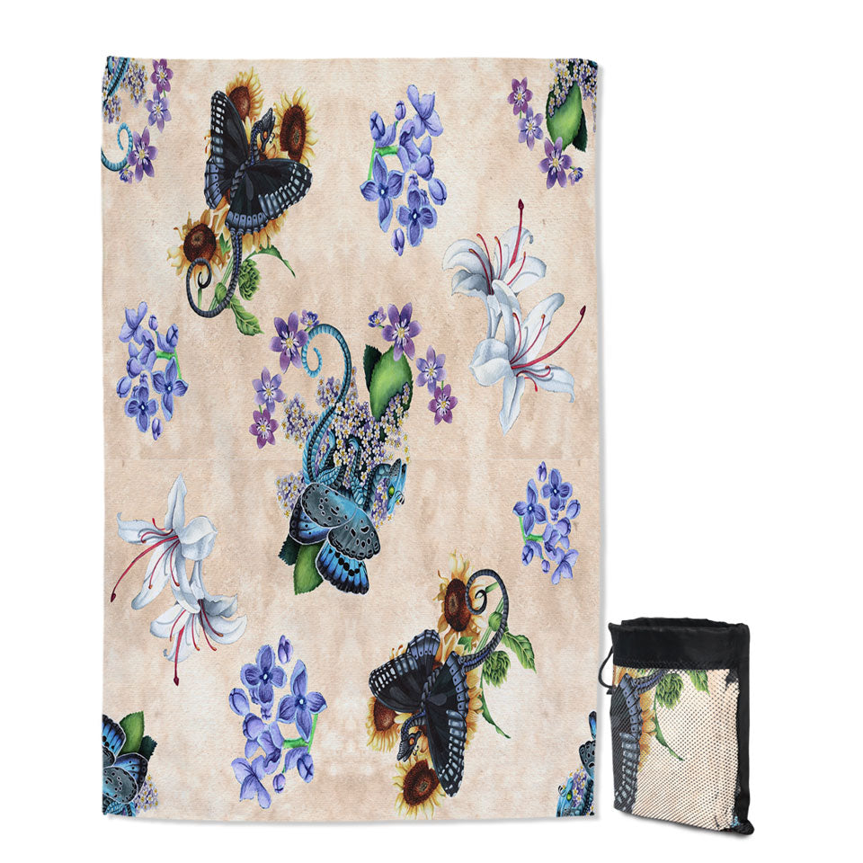 Cool Womens Beach Towels White Purple Flowers and Butterflies Dragons