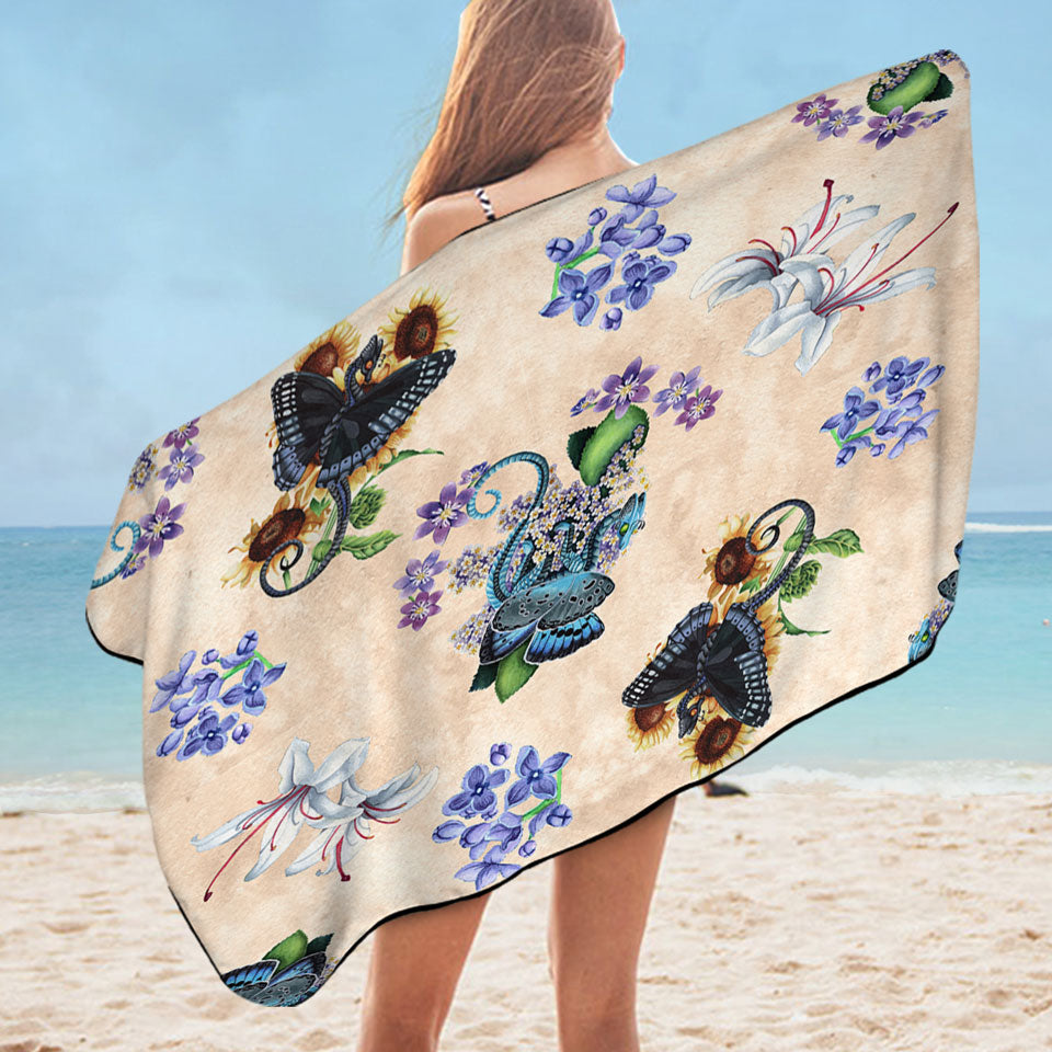 Cool Womens Pool Towels White Purple Flowers and Butterflies Dragons