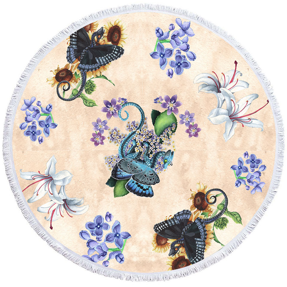 Cool Womens Round Beach Towel White Purple Flowers and Butterflies Dragons