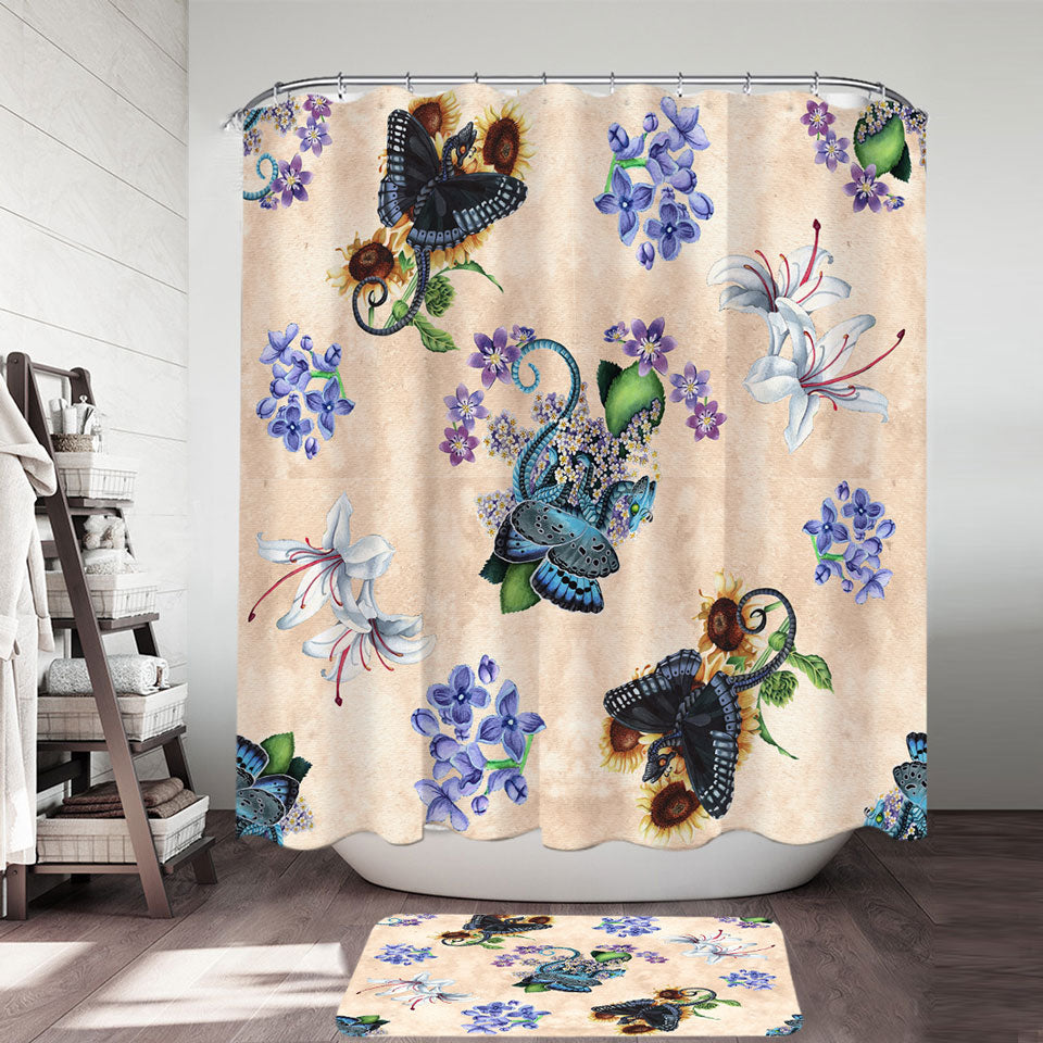 Cool Womens Shower Curtains White Purple Flowers and Butterflies Dragons