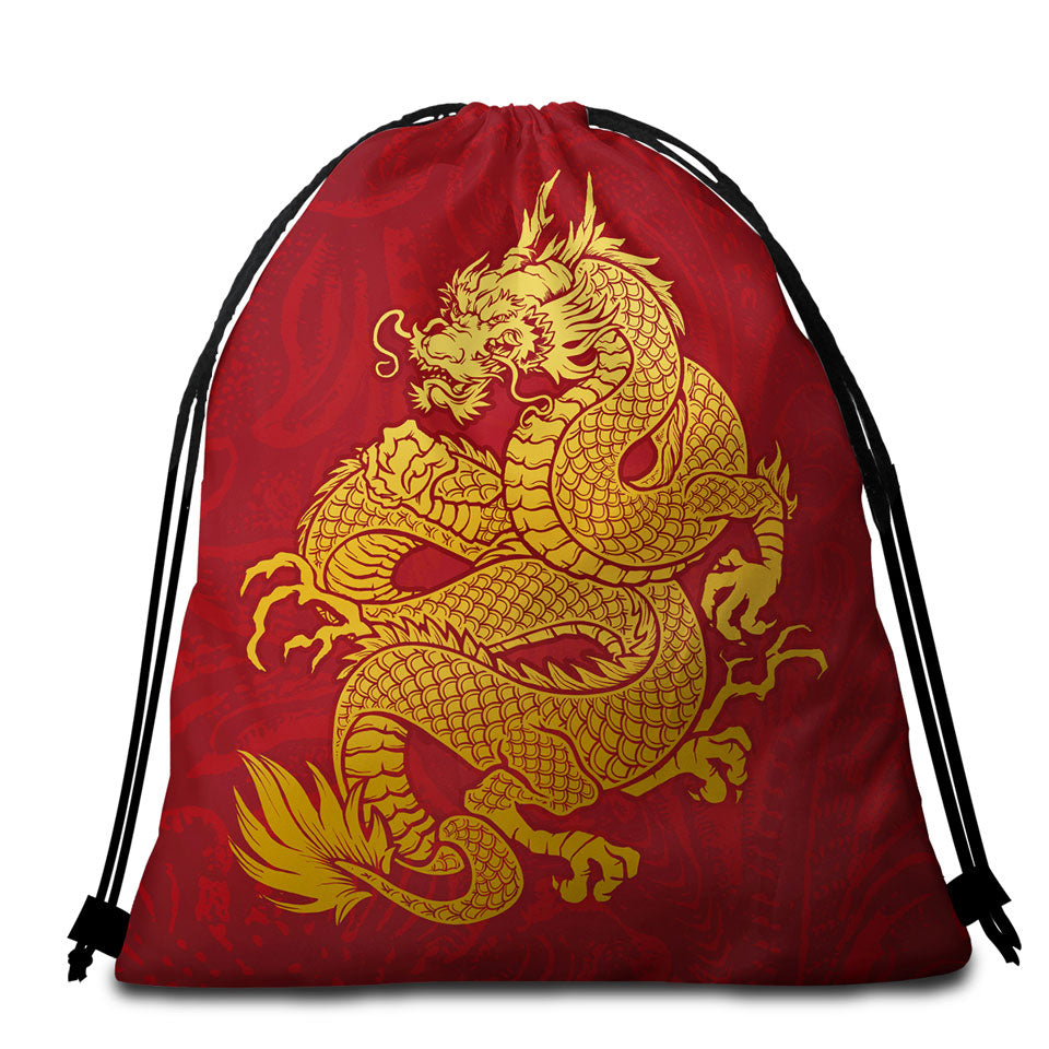 Cool Yellow Chinese Dragon Packable Beach Towel