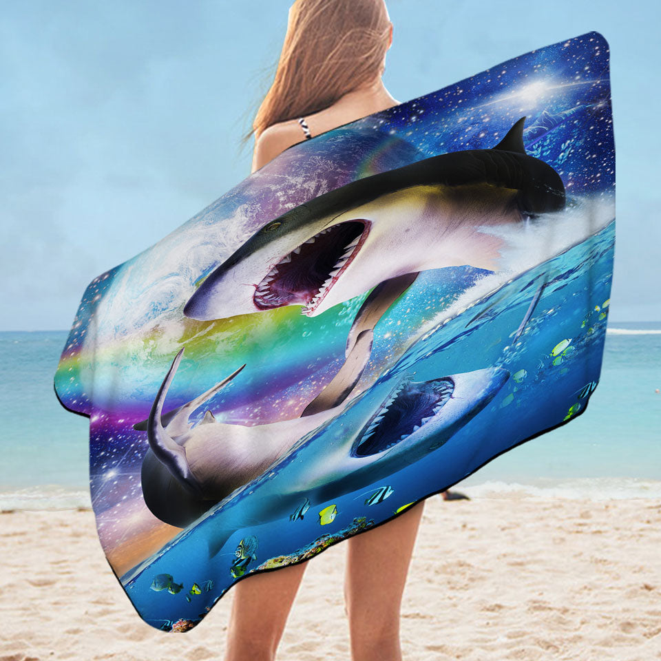 Cool Yin Yang Sharks Unique Beach Towels Space and Ocean