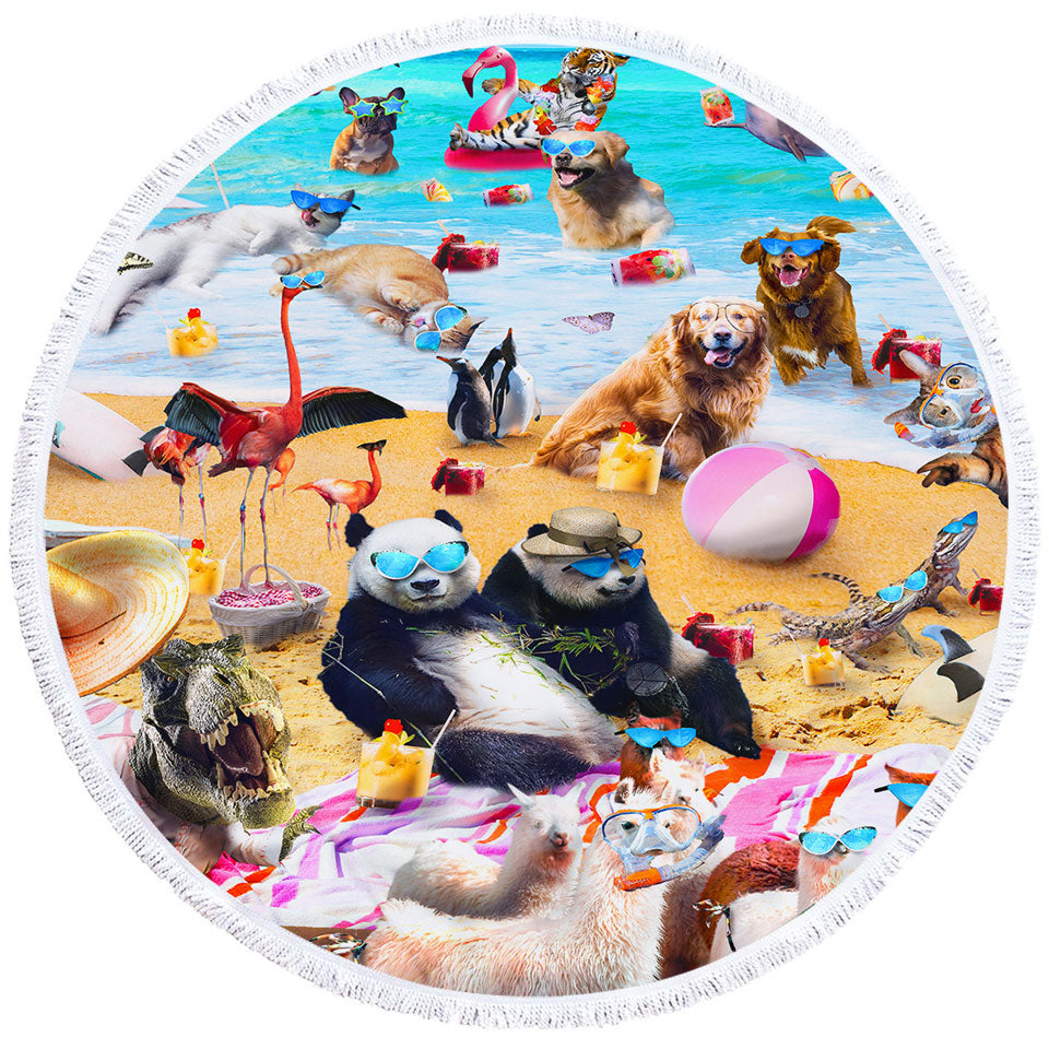 Cool and Funny Beach Party Animals Round Beach Towel