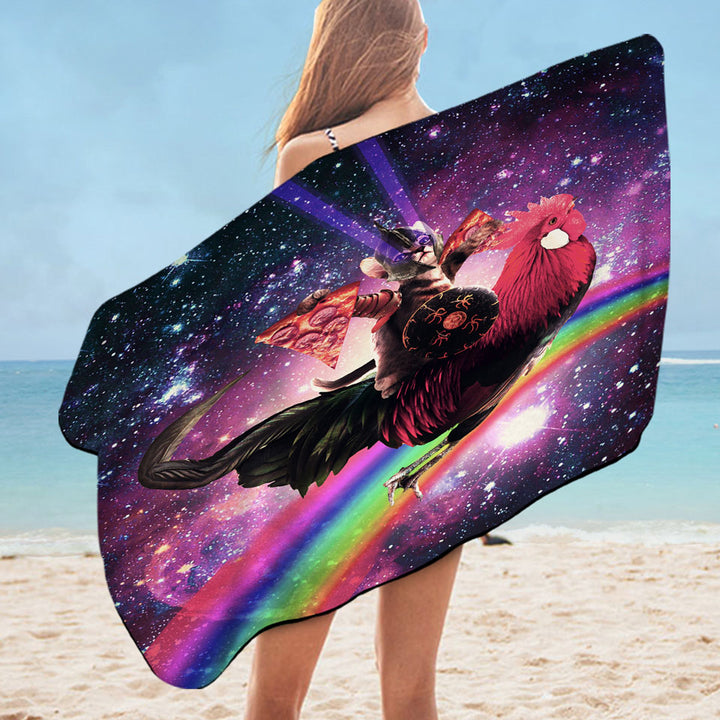 Cool and Funny Beach Towels Space Pizza Cat Riding a Chicken