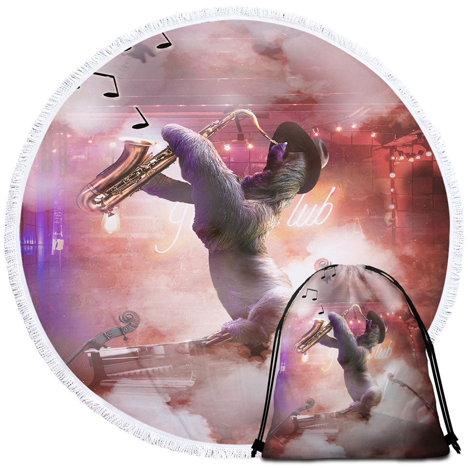 Cool and Funny Playing Saxophone Sloth Beach Towels