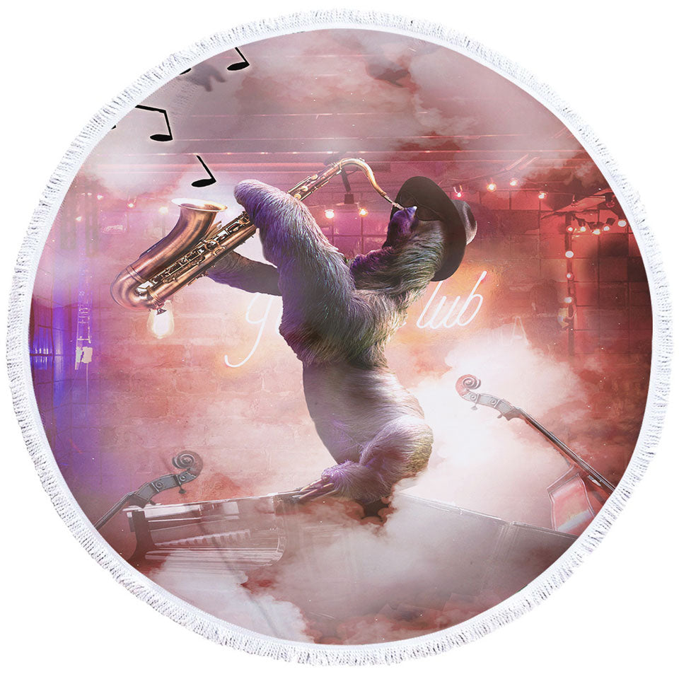 Cool and Funny Playing Saxophone Sloth Round Beach Towel