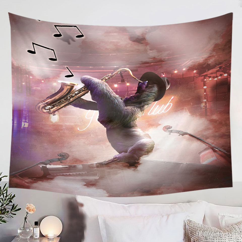 Cool-and-Funny-Playing-Saxophone-Sloth-Wall-Decor-Tapestry