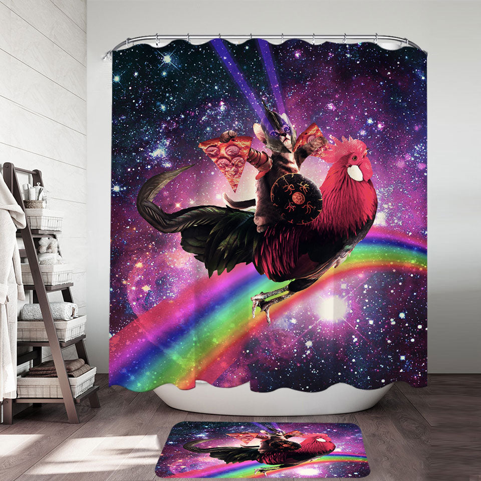 Cool and Funny Shower Curtains Space Pizza Cat Riding a Chicken