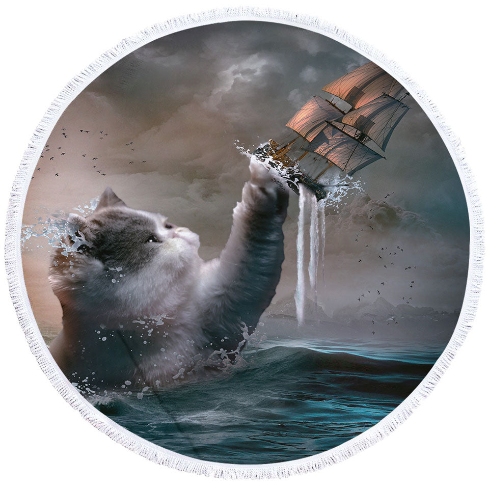 Cool and Hilarious Round Beach Towels Funny the Kraken Cat