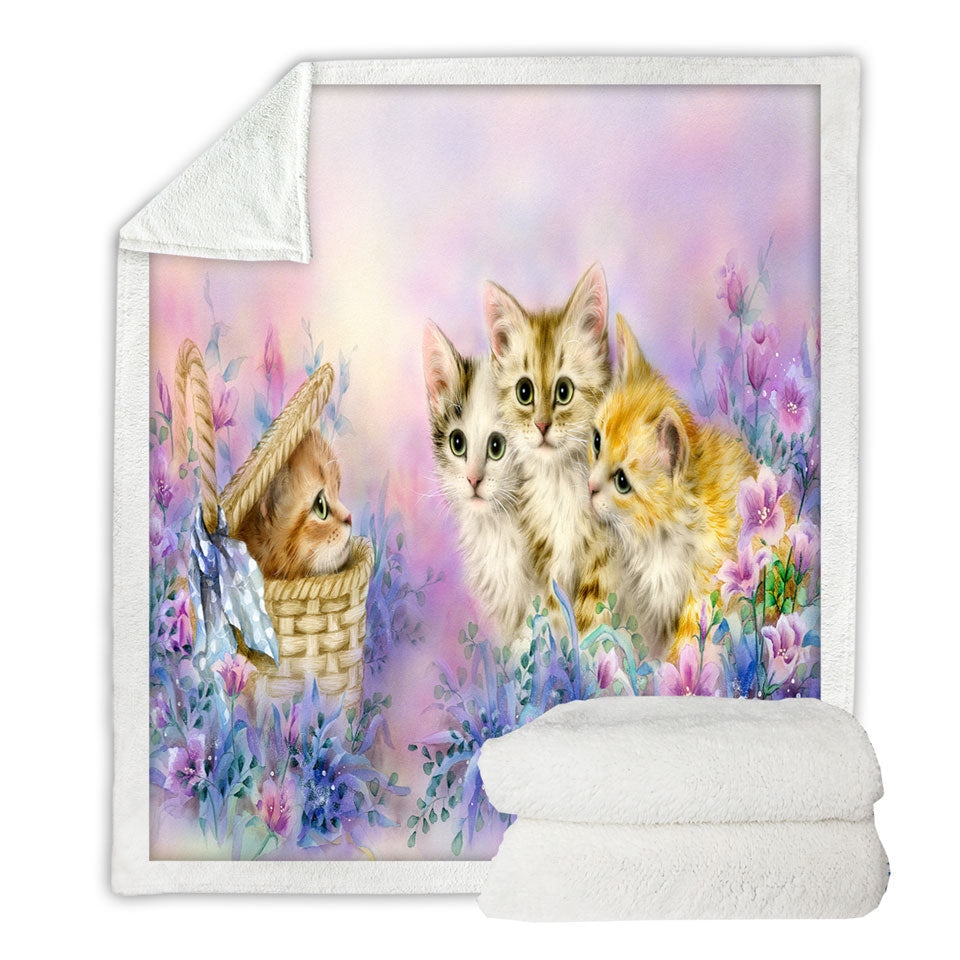 Couch Throws with Cats Art Adorable Cute Kittens in Flower Garden