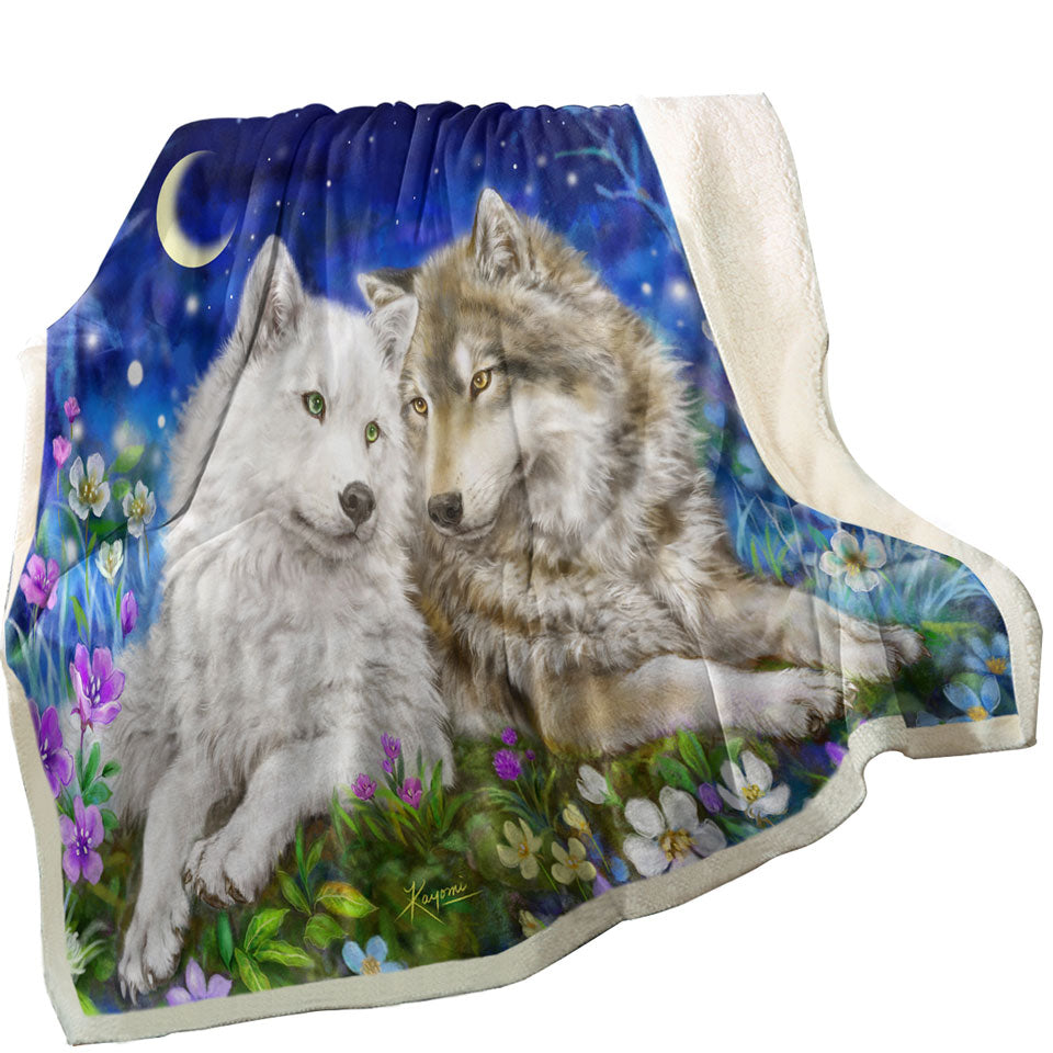 Couch Throws with Wolves Art Design Flowers and Love at Night