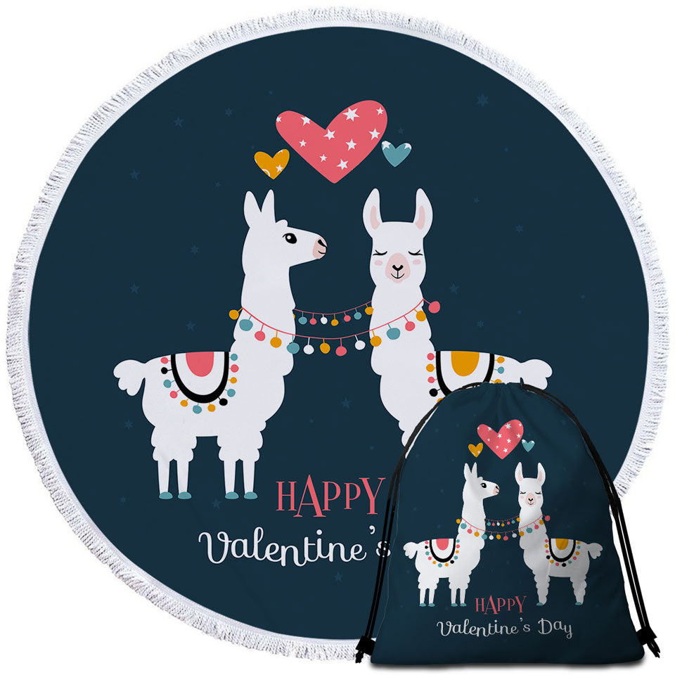 Couples Round Beach Towel Happy Valentines Day Loving Llamas