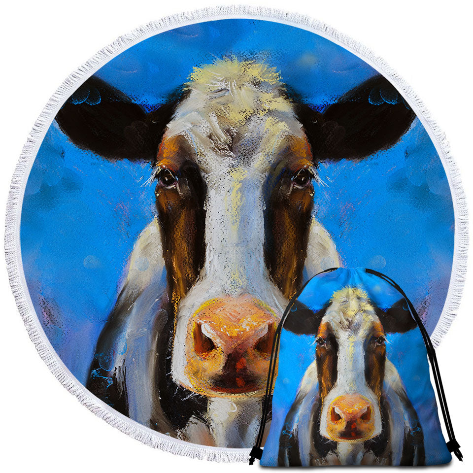 Cow Round Beach Towel Art Painting Black and White Cow