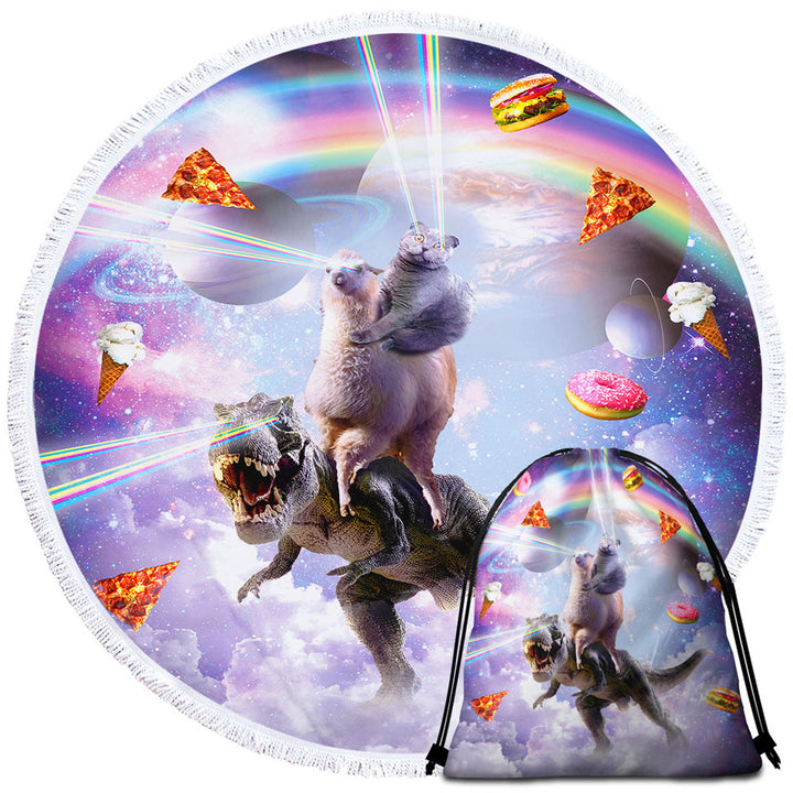 Crazy Beach Towels Space Art Funny Cat on a Llama on a Dinosaur