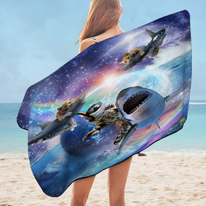Crazy Cool Space Cats and Sharks Beach Towels