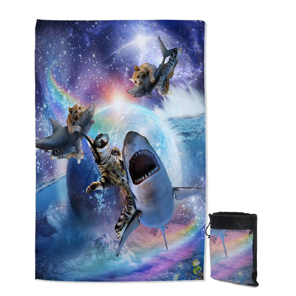 Crazy Cool Space Cats and Sharks Lightweight Beach Towel