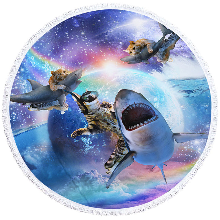 Crazy Cool Space Cats and Sharks Round Beach Towel