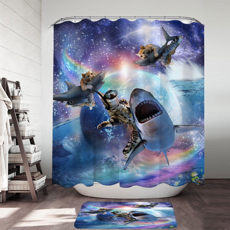 Crazy Cool Space Cats and Sharks Shower Curtain for Sale